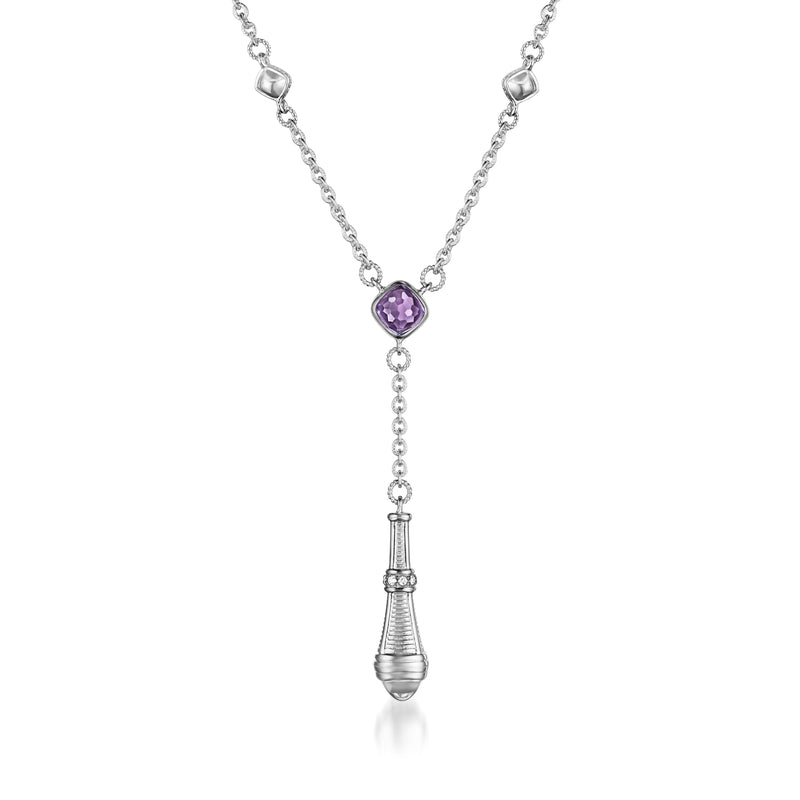 Sterling silver necklace with purple amethyst pendant and diamond-style accents