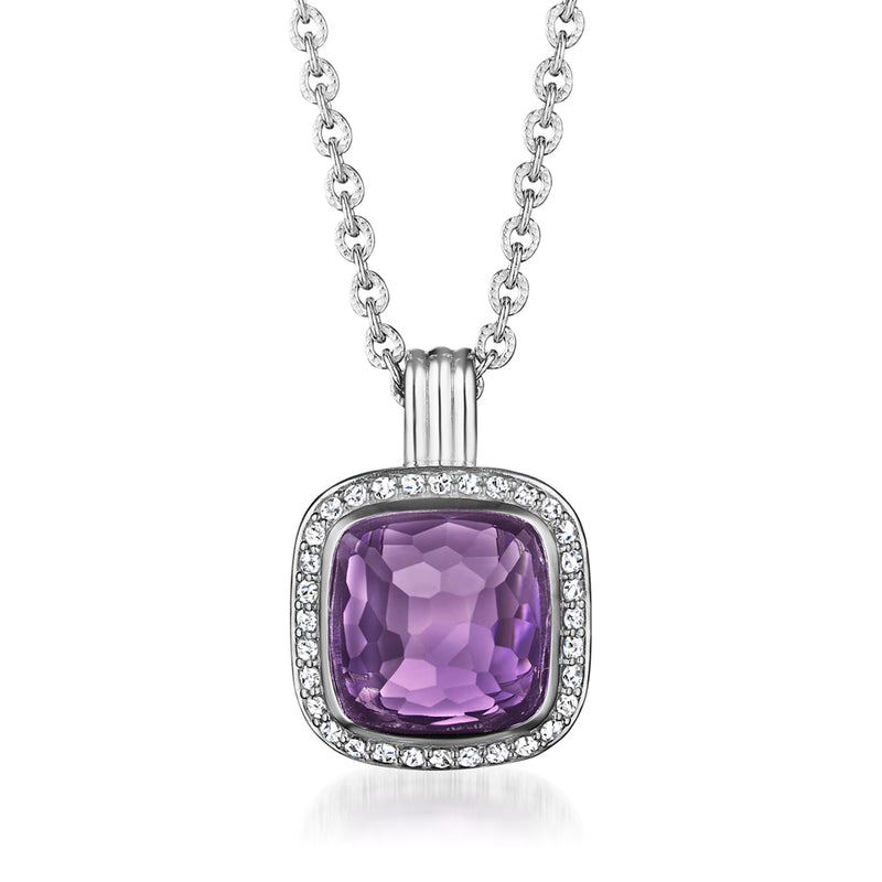 Sterling silver pendant necklace with purple cushion amethyst and diamond halo