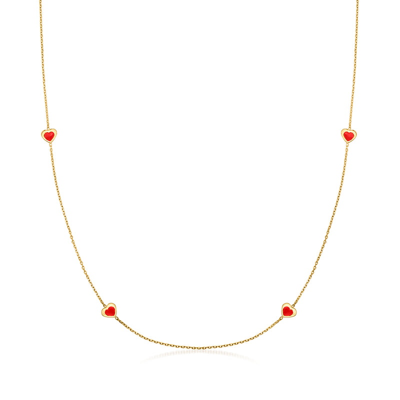 14kt yellow gold necklace with red enamel heart station pendants