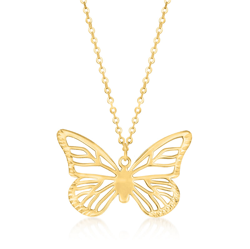 Openwork butterfly necklace in 14kt yellow gold with dangling butterfly pendant on chain