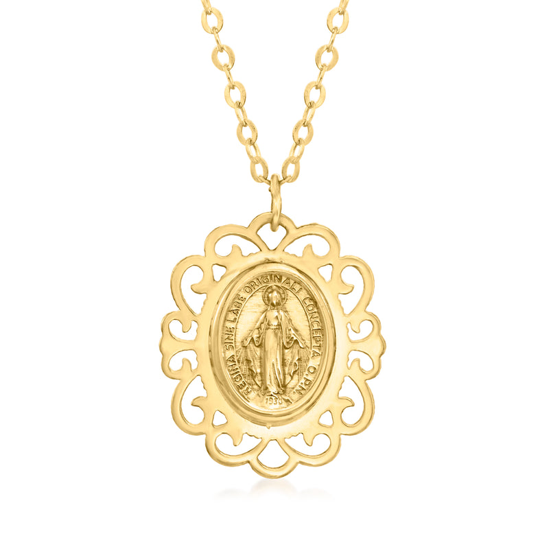 14kt yellow gold miraculous medal pendant on link chain