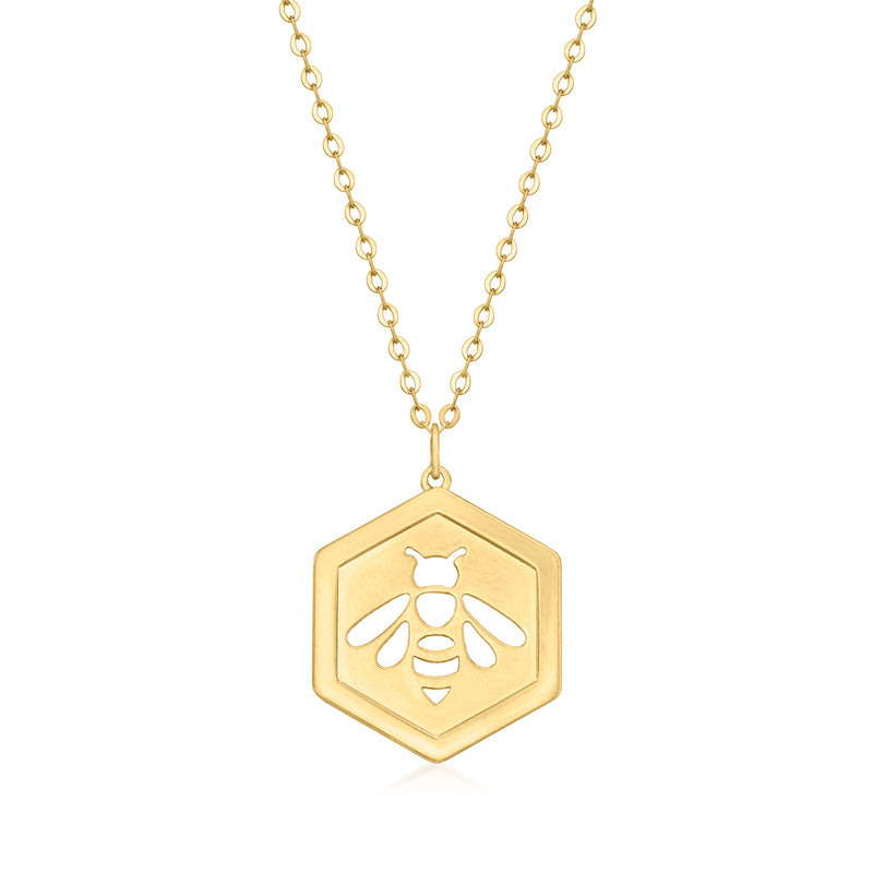 14kt yellow gold openwork bumblebee pendant necklace with hex pendant and link chain