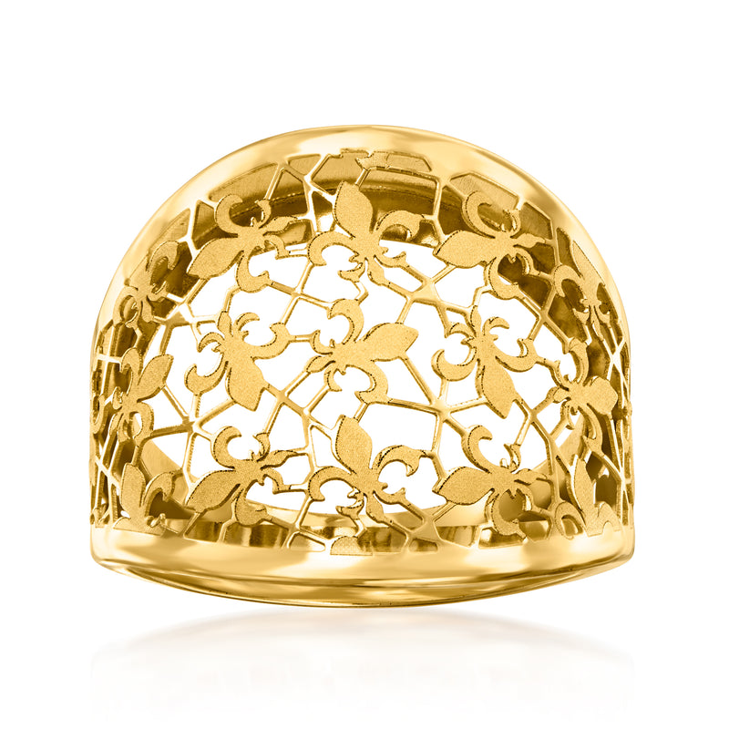 Italian 14kt yellow gold openwork fleur-de-lis ring, domed top with lattice cutouts