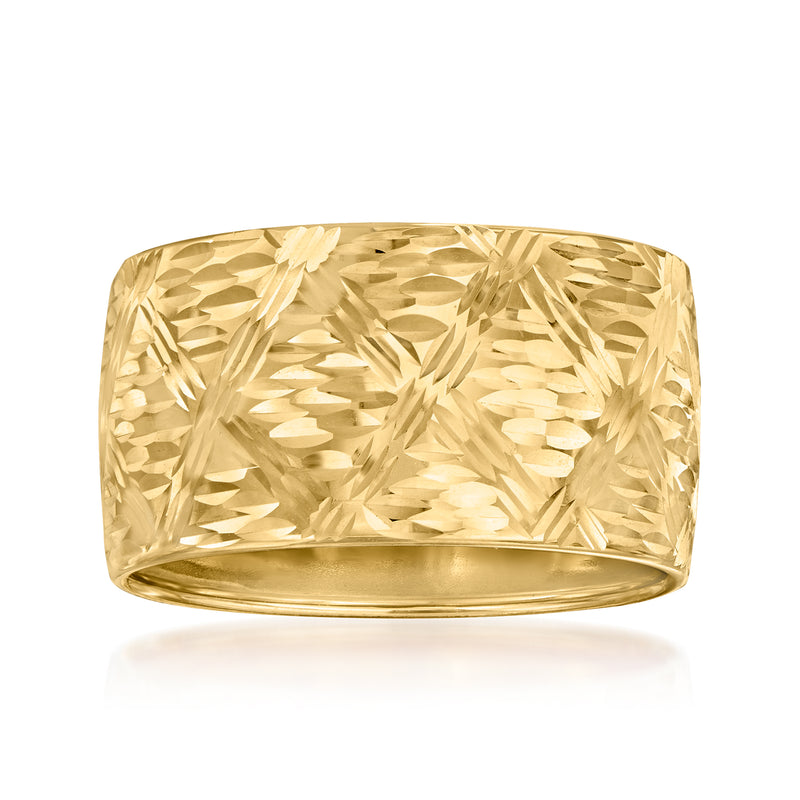 14kt yellow gold X-pattern ring with wide band and textured crisscross detail