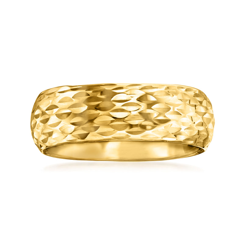 14kt yellow gold ring with textured sparkle pattern and polished shine, wide band