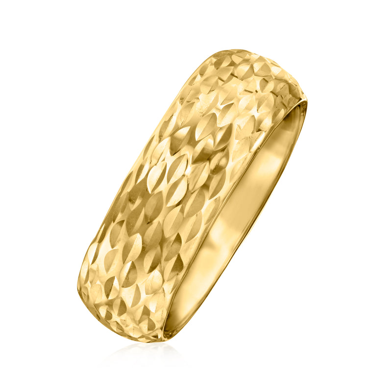Yellow gold wide band ring with faceted sparkle texture and smooth inner band
