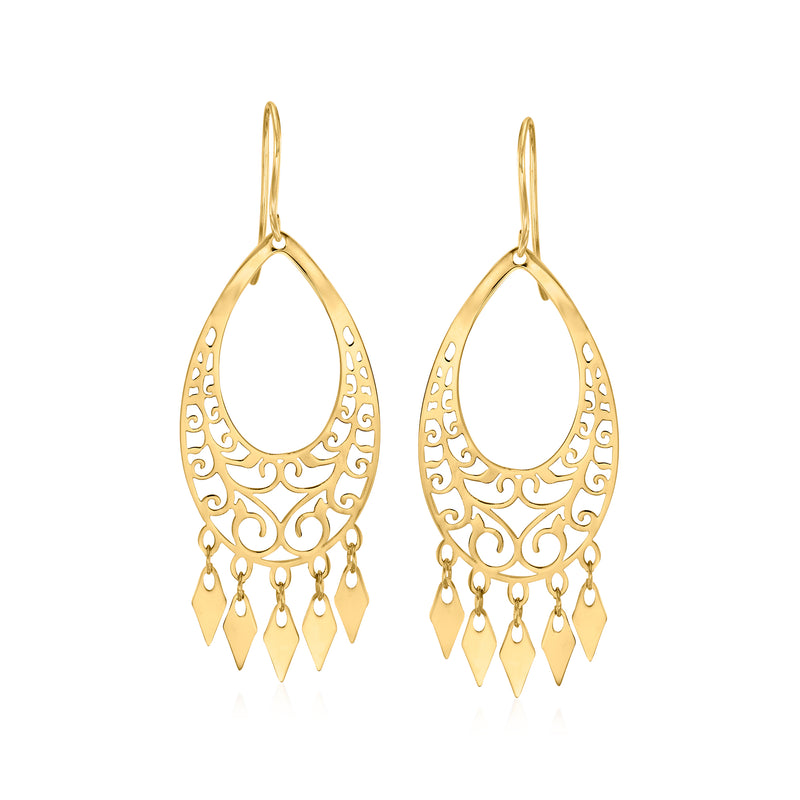 Yellow gold openwork teardrop fringe drop earrings with earwire hooks