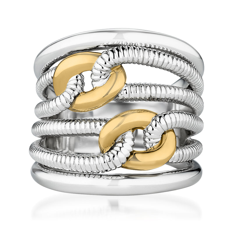 Double-link ring with polished sterling silver and 18kt yellow gold accents