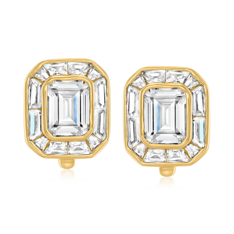 Gold-tone CZ drop post earrings with square center and halo of clear baguette stones