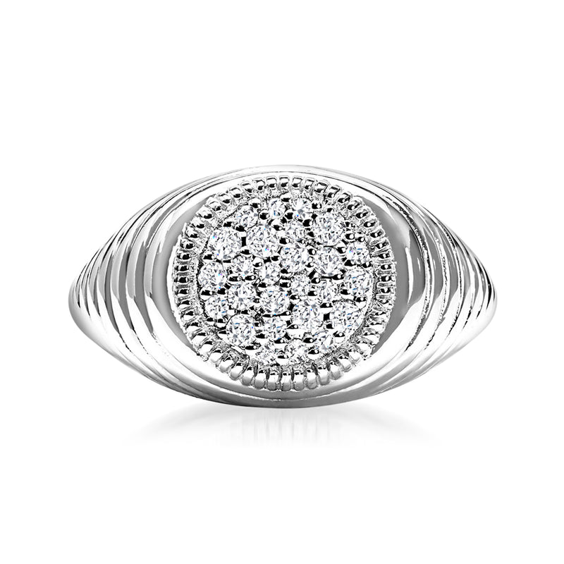 Sterling silver diamond cluster signet ring with oval pave halo and round center stones