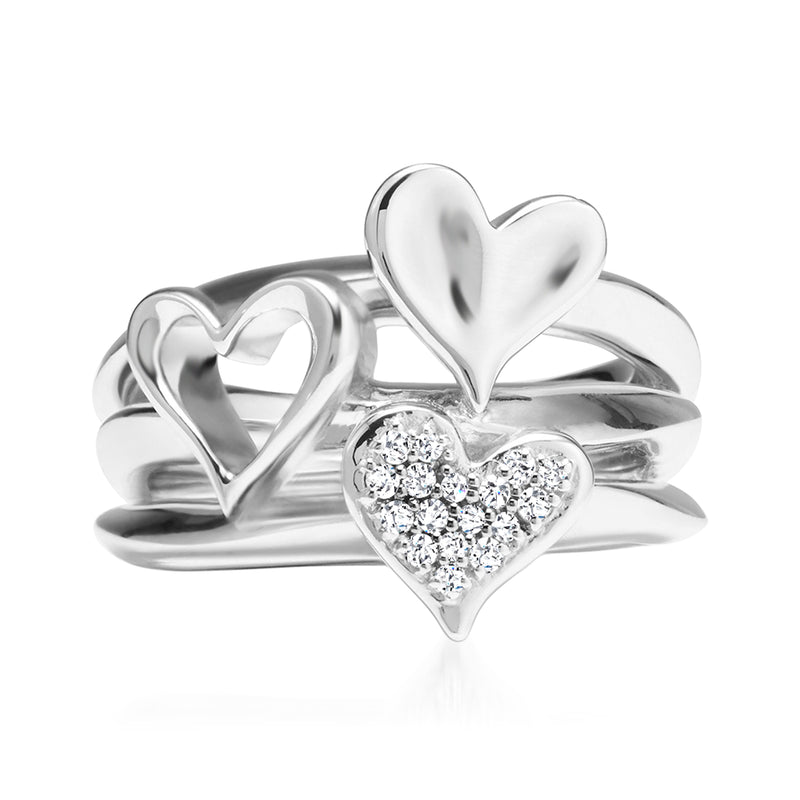 Sterling silver three-heart diamond ring with central heart cluster