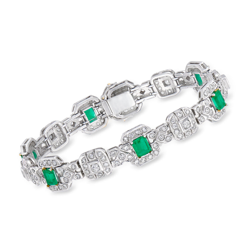 Vintage white gold diamond and emerald bracelet with geometric link settings.
