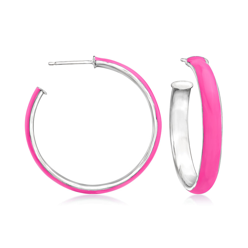 Sterling silver hoop earrings with pink enamel C-shape detail