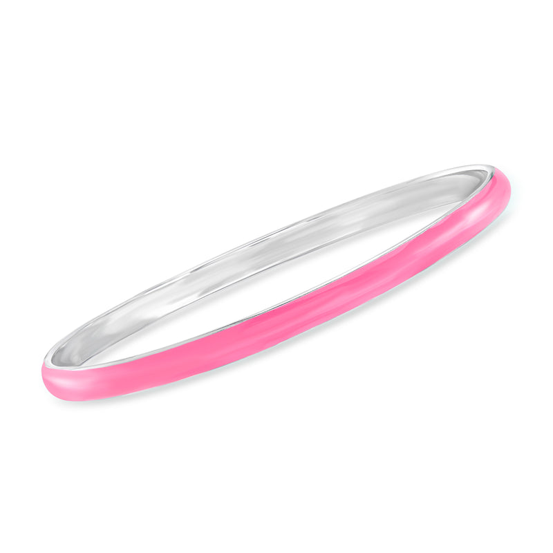Sterling silver bangle bracelet with glossy pink enamel stripe