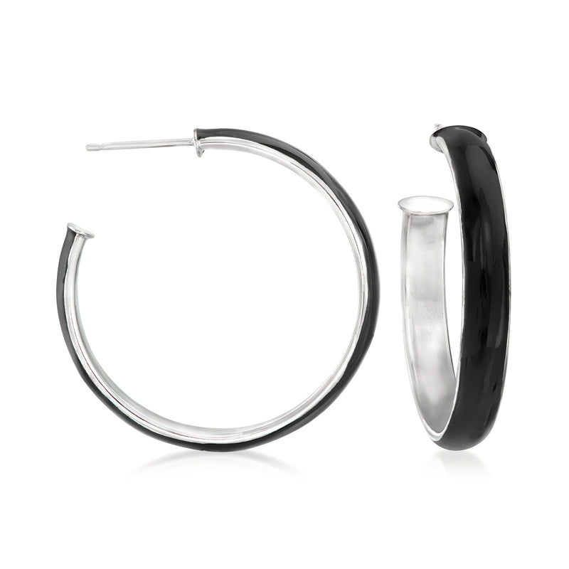 Sterling silver C-hoop earrings with black enamel finish, hinged closure