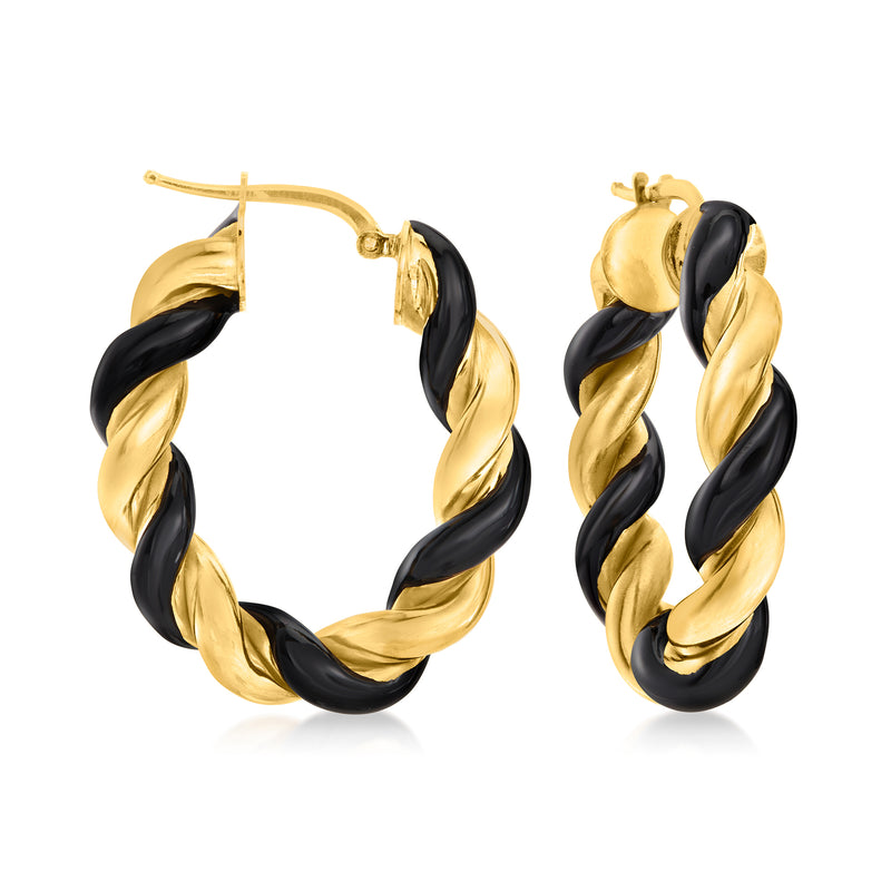 Twisted hoop earrings with black enamel and gold-tone twisted wire finish