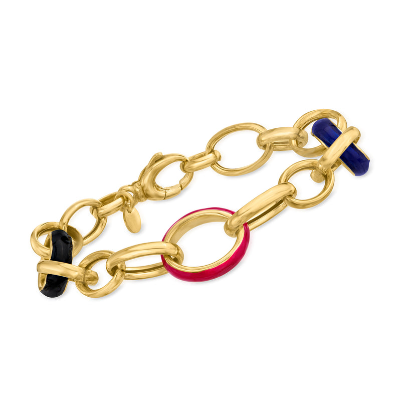 Gold-tone cable-link bracelet with multicolored enamel links and toggle clasp