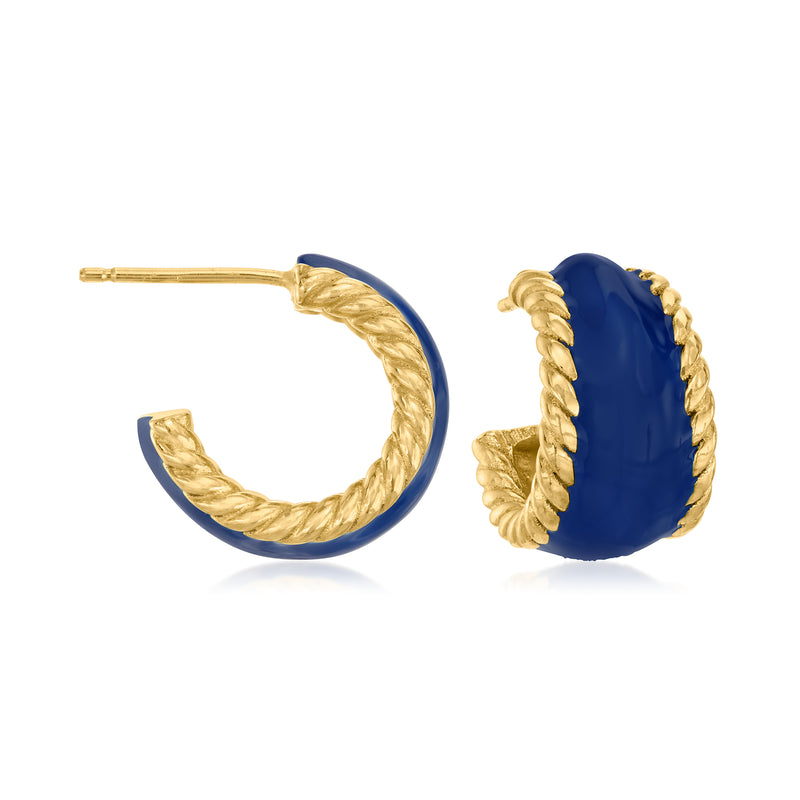 Gold C-hoop earrings with blue enamel and rope border