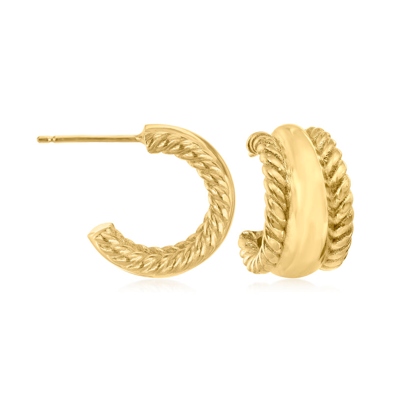 Gold over sterling C-hoop earrings with rope-textured edge, round profile