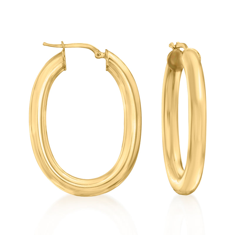 Oval gold hoop earrings, 18kt gold over sterling, polished hinge detail