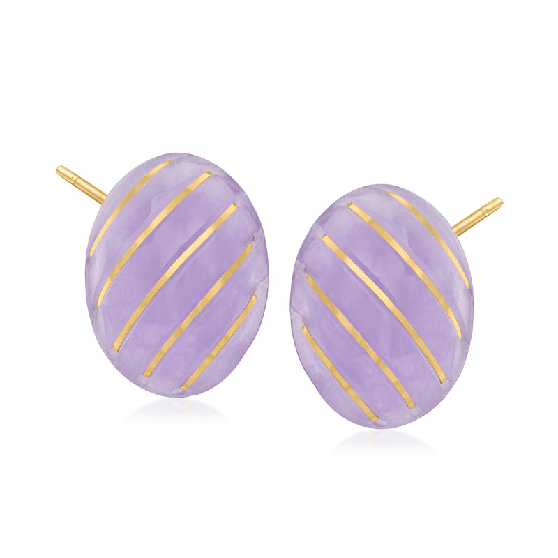 Lavender jade striped oval stud earrings with 14kt yellow gold posts