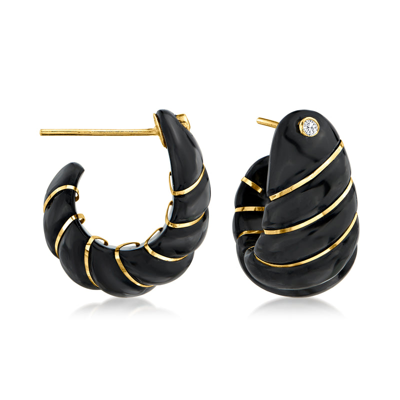 Black jade hoop earrings with 14kt yellow gold and round white topaz accents