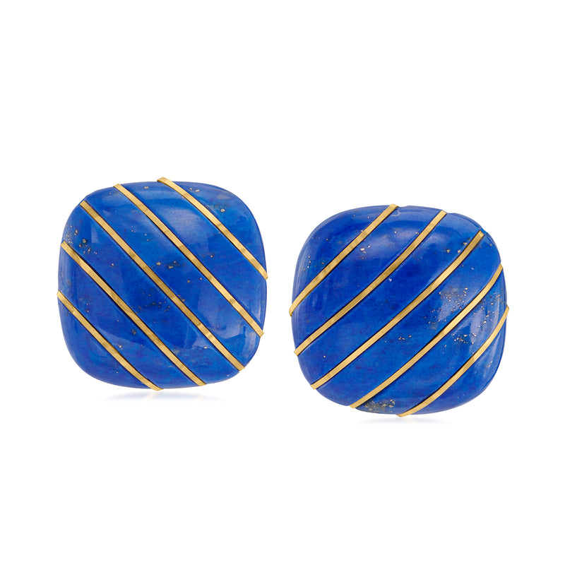 Blue lapis striped post earrings with 14kt yellow gold diagonal lines