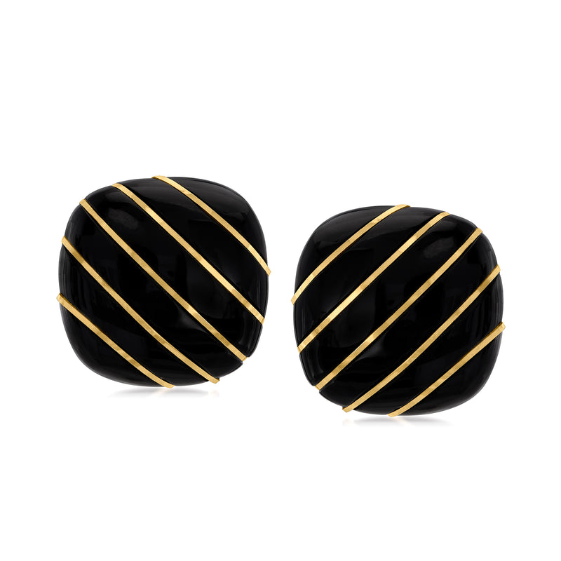 Black agate striped stud earrings with diagonal 14kt yellow gold lines, post backs