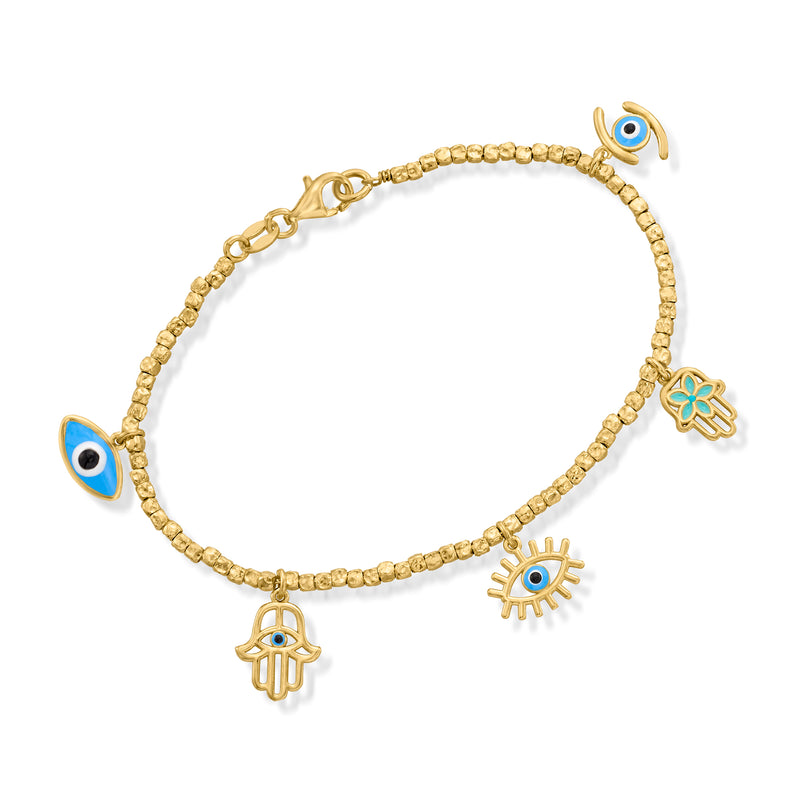 Gold-tone charm bracelet with multicolored enamel beads and four luck-themed charms