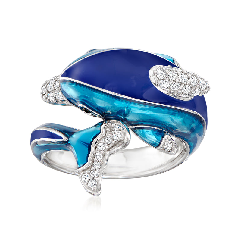 Dolphin ring in sterling silver with blue enamel and sparkling CZ accents