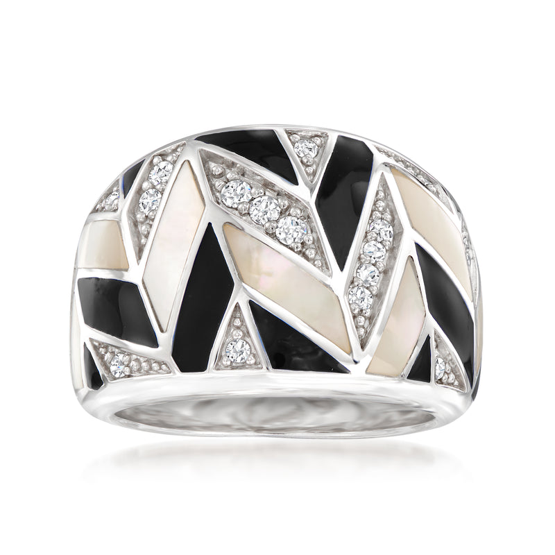Chevron sterling silver ring with mother-of-pearl, black enamel, CZ accents