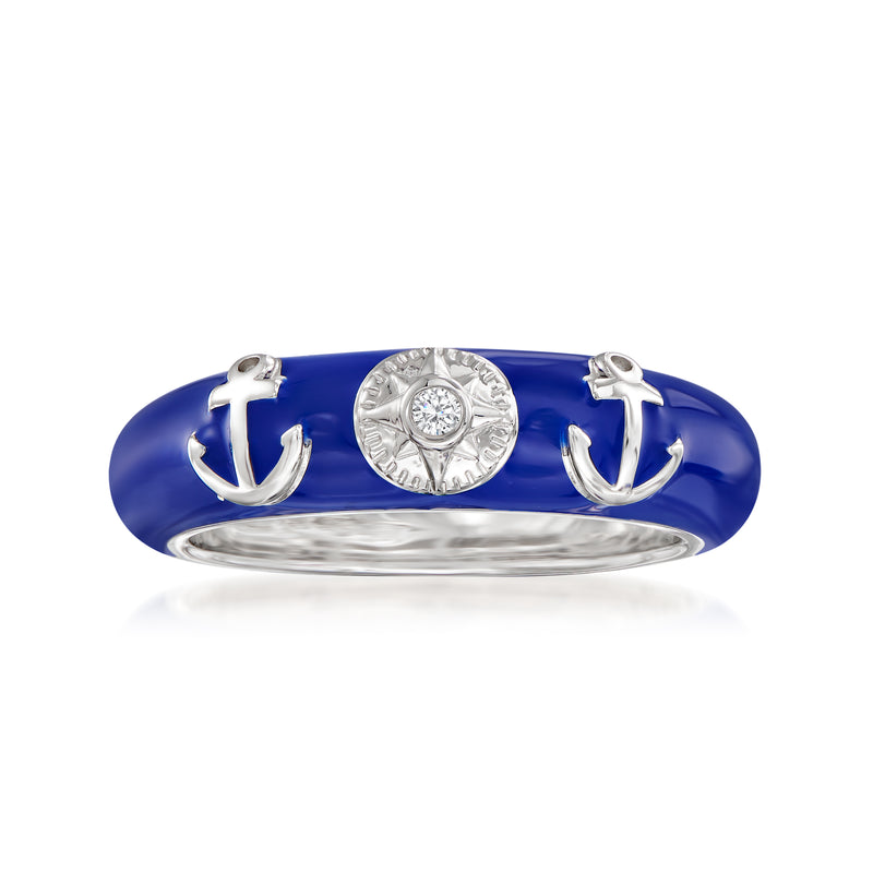 Sterling silver ring with blue enamel, two anchor motifs, and a round CZ centerpiece