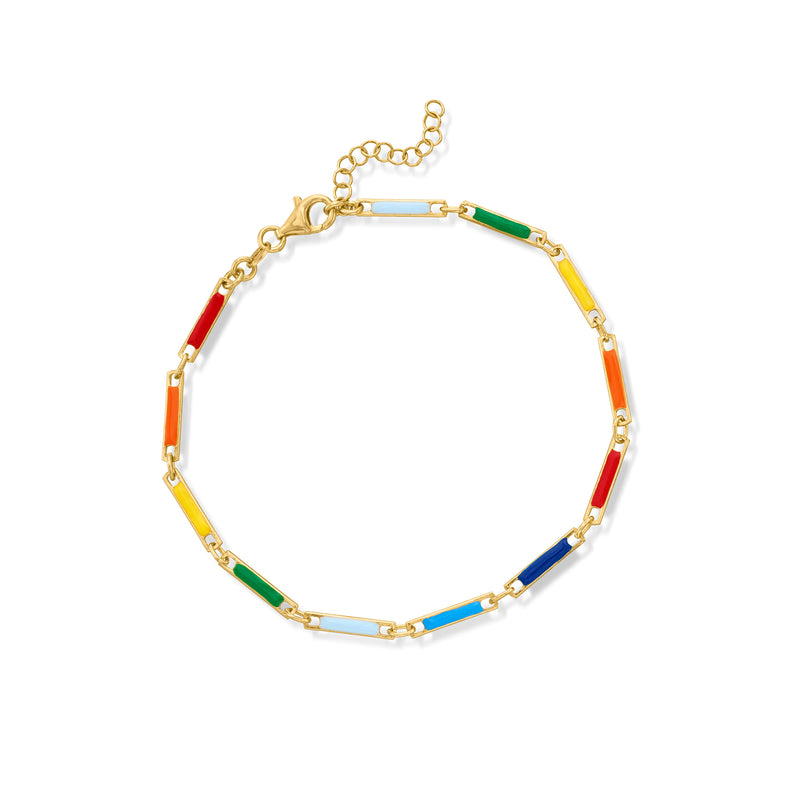 Multicolored enamel bar-link anklet with gold-tone chain and lobster clasp