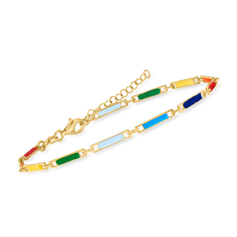 Multicolored enamel bar-link anklet with gold-tone links and adjustable chain