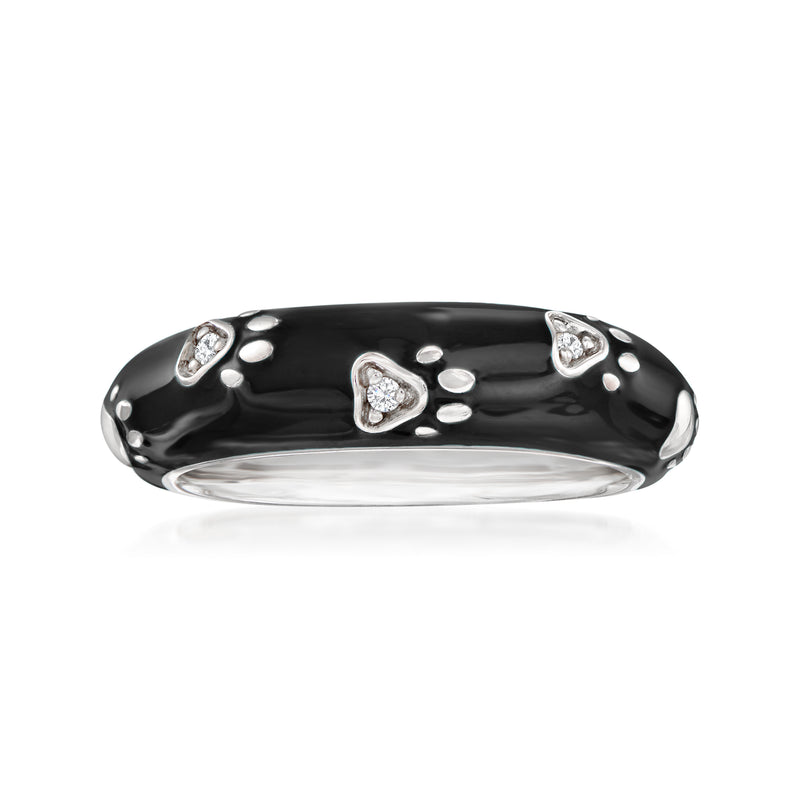Belle Etoile paw print enamel ring with CZs, black band on sterling silver