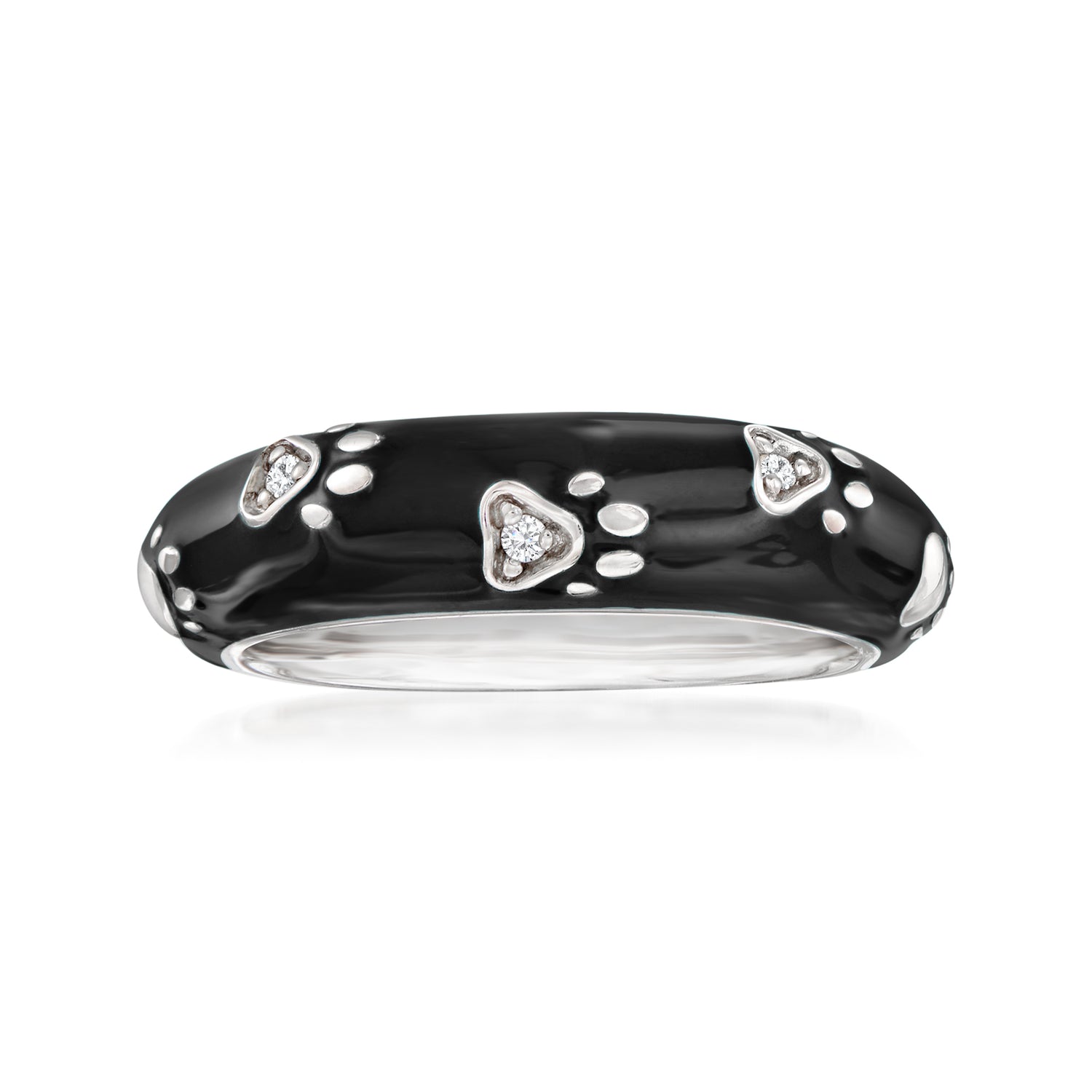 Belle Etoile "Paw Prints" Black Enamel Ring with CZs in Sterling Silver