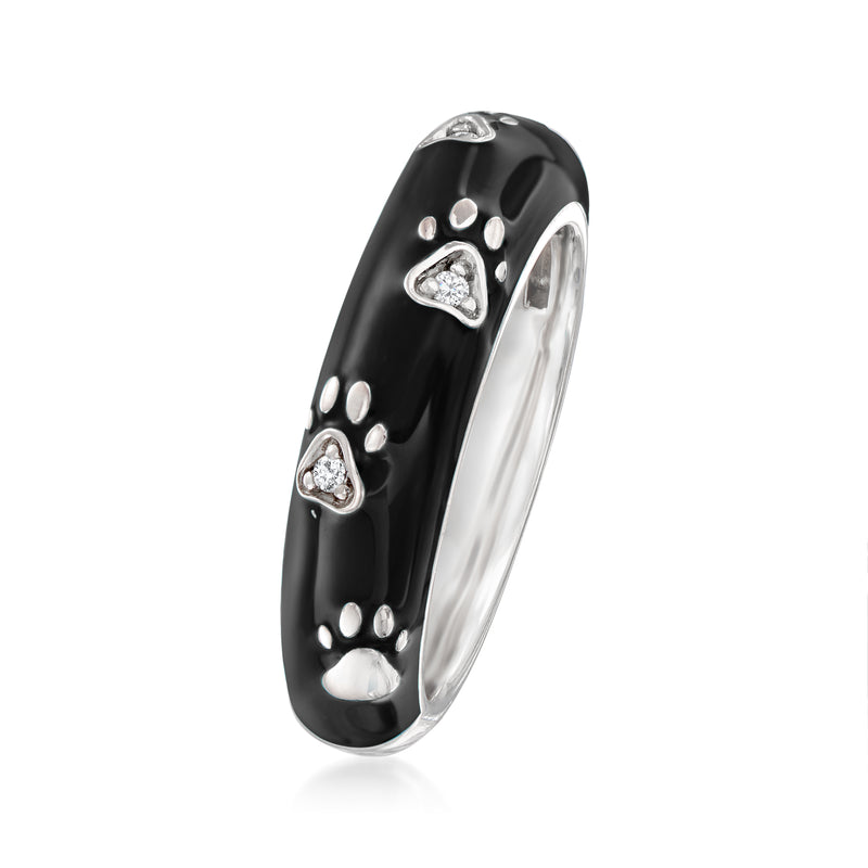 Sterling silver side-profile ring with black enamel paw prints and CZ stones