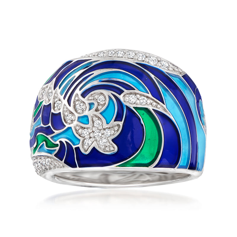 Sterling silver enamel wave ring with blue, green, and crystal CZ accents