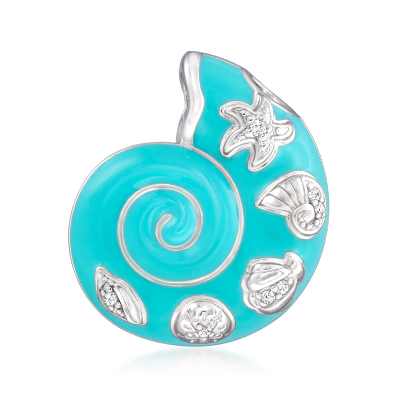 Aquamarine enamel seashell pendant in sterling silver with CZ accents