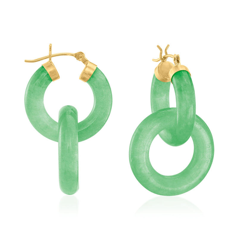 Jade green drop hoop earrings with 14kt yellow gold hoops and removable circle charm