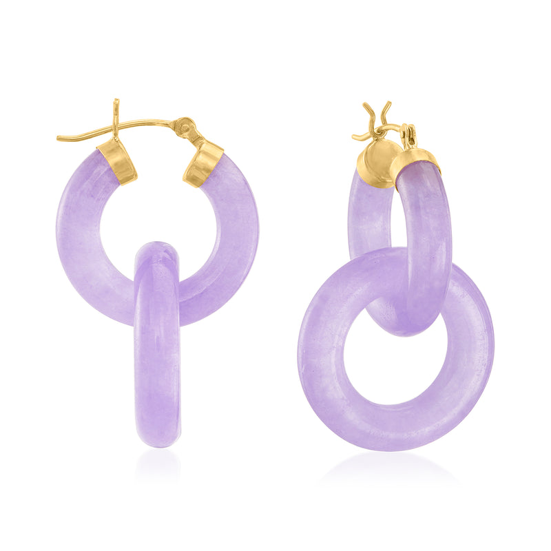 Lavender jade drop hoop earrings, 14kt yellow gold with circular lavender charms