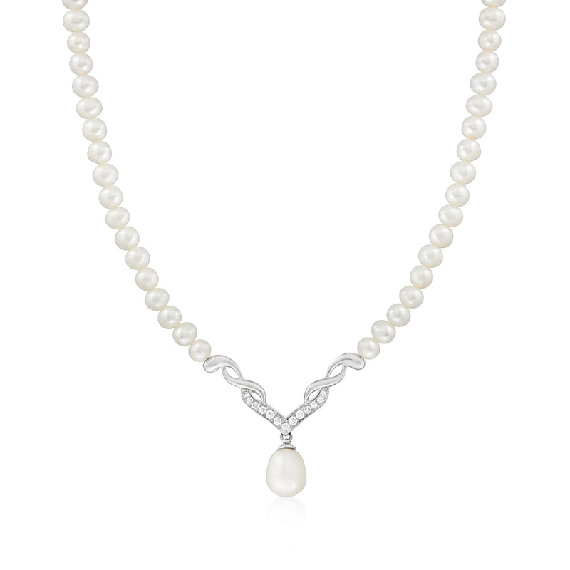Sterling silver pearl drop necklace with teardrop pendant and small clear stones at V