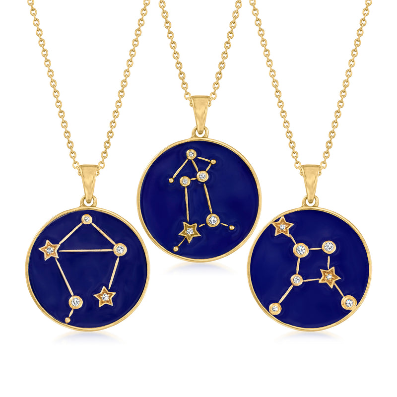 Gold zodiac pendant necklace with three round blue enamel constellations and white zircon stars