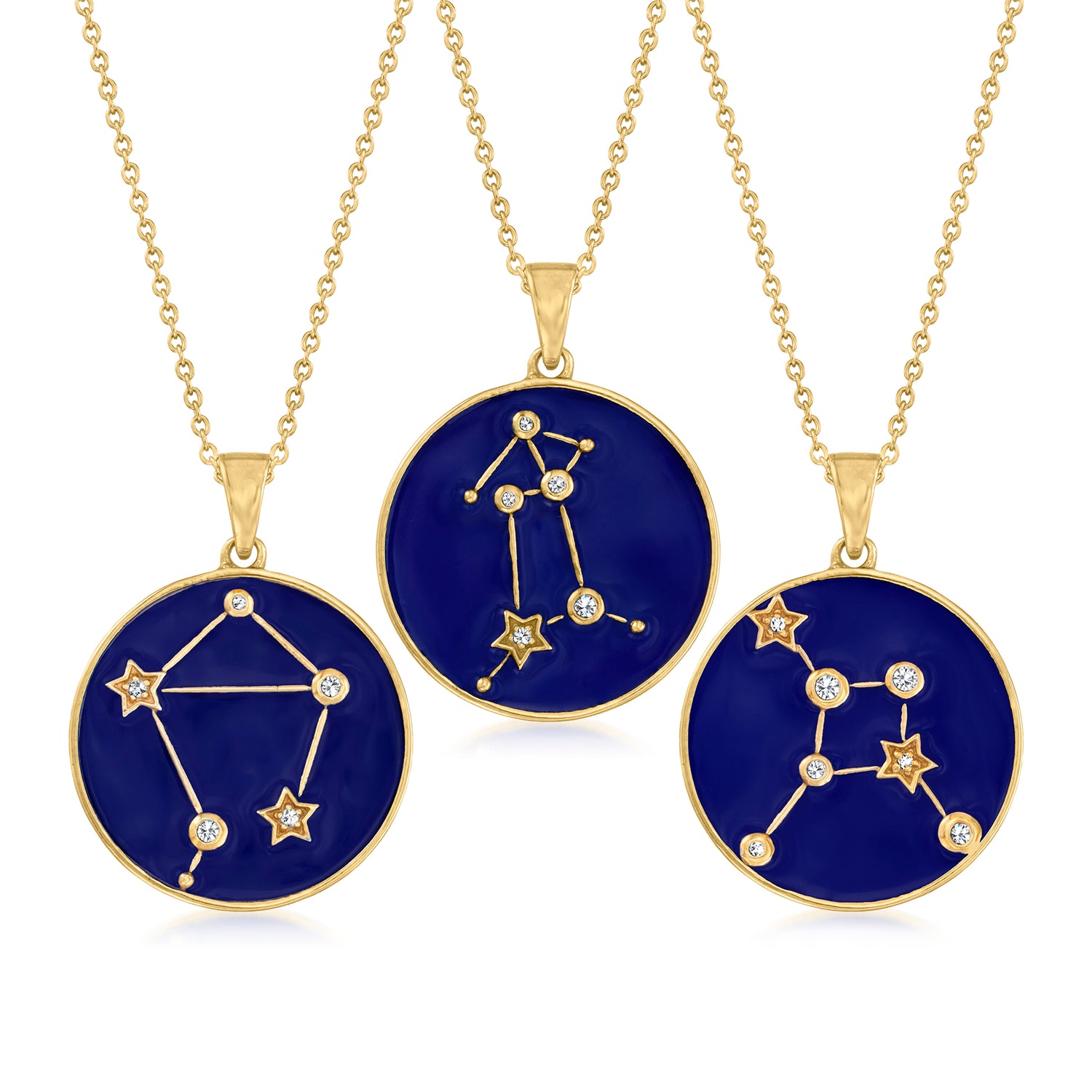 White Zircon and Blue Enamel Zodiac Constellation Pendant Necklace in 18kt Gold Over Sterling
