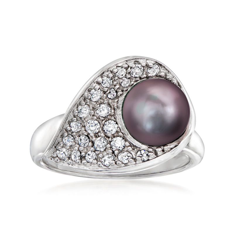 Sterling silver pear-shaped ring with black freshwater pearl and white topaz