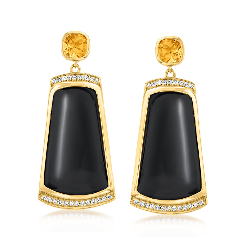 Gold-tone drop earrings with black onyx cabochons, white zircon border, and citrine studs