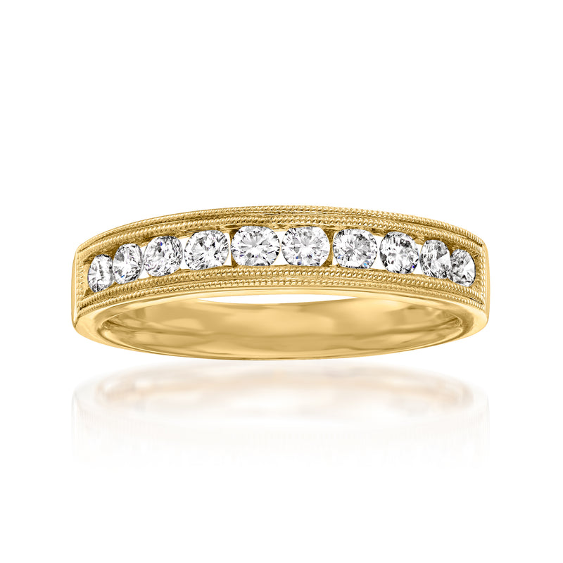 14kt yellow gold diamond milgrain ring with row of round white diamonds, polished band.