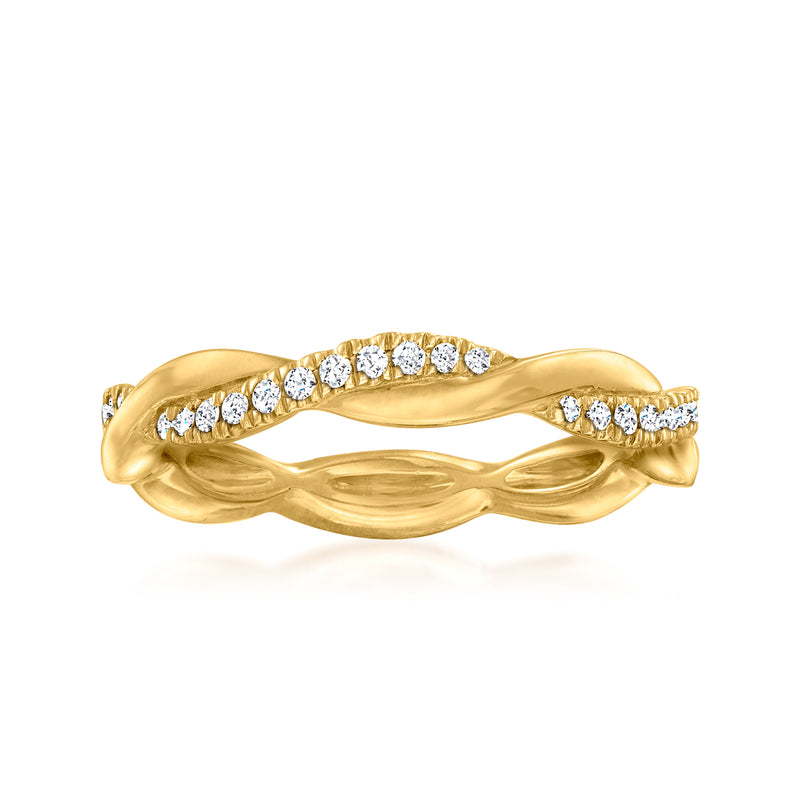 14kt yellow gold diamond twisted ring with round stones along the top