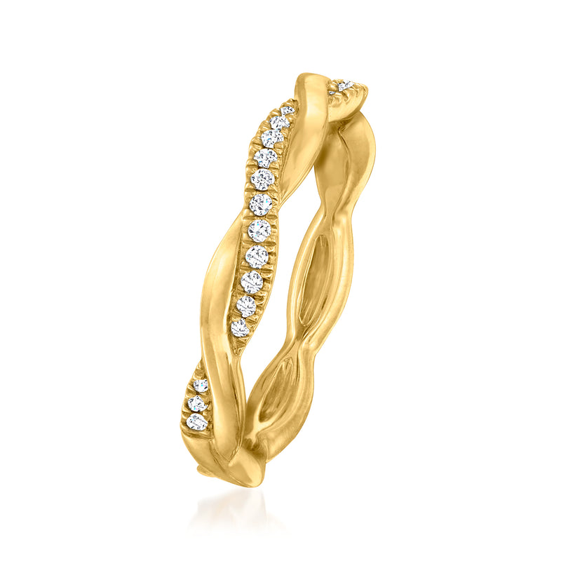 14kt yellow gold diamond twisted ring, side view with round stones on the edge