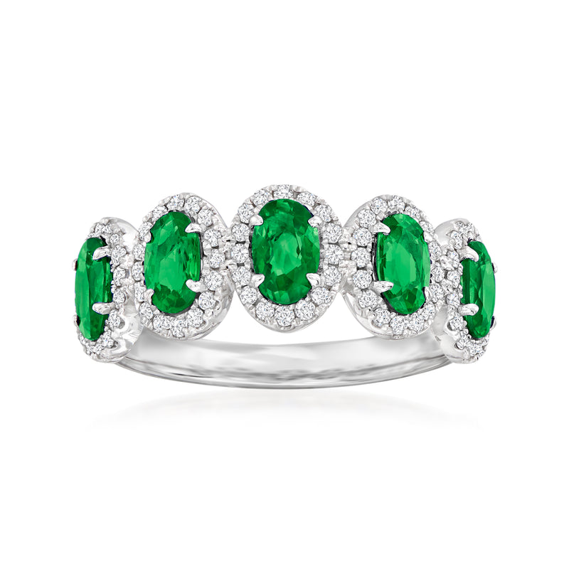 18k white gold five-stone ring with oval green emeralds and diamond accents